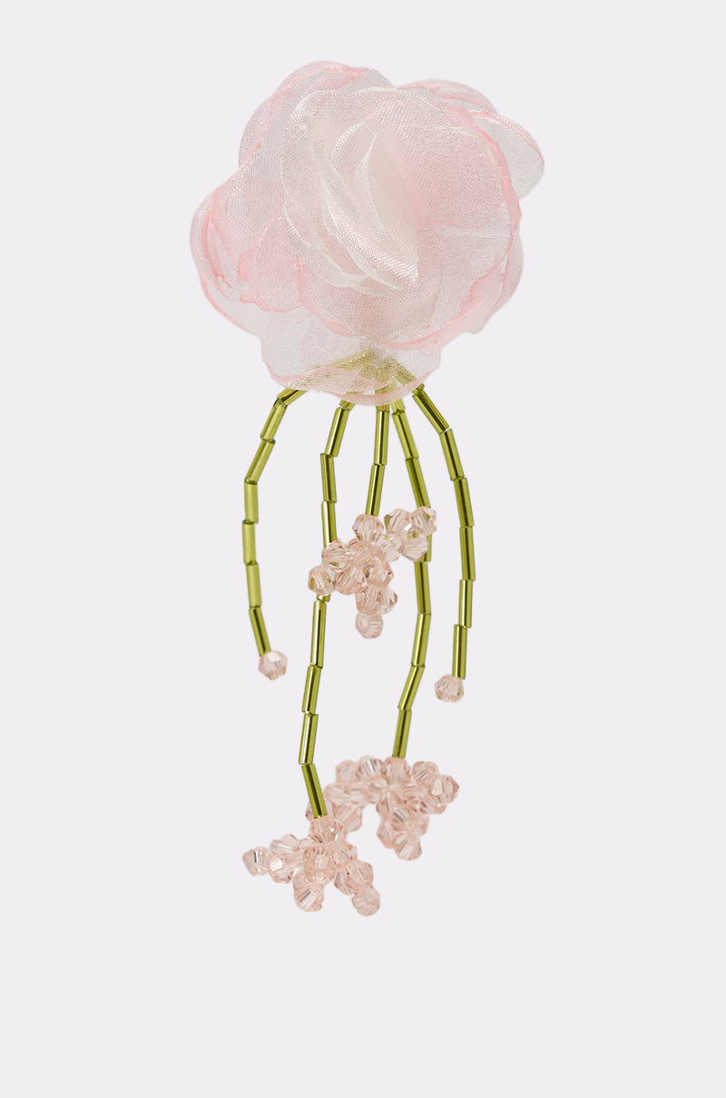 The IN THE GARDEN EARRING features light pink petals, green beaded stems, and hanging pink bead clusters, resembling blossoms—an elegant accessory ideal for weddings or special occasions. 3