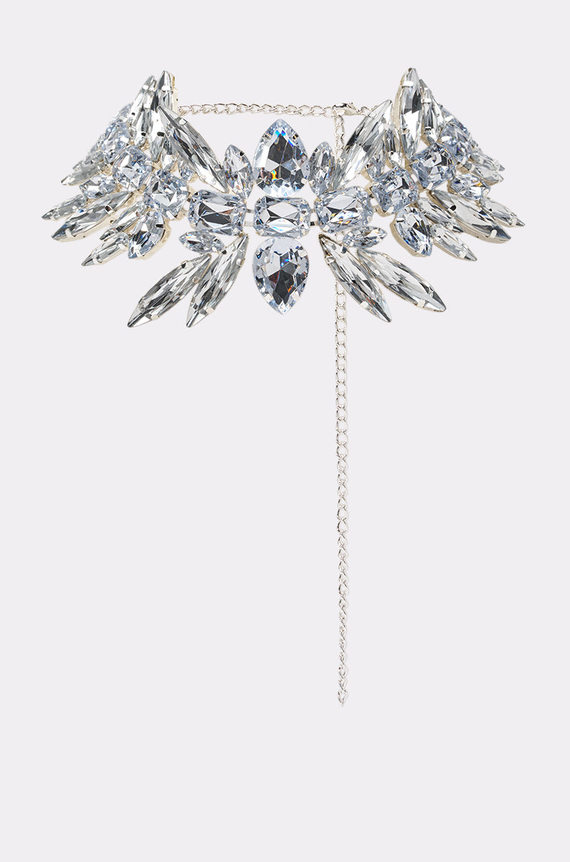 QUEEN OF IT ALL DIAMOND CHOKER: This dazzling statement necklace features clear marquise and oval-cut crystals set in a wing-inspired design, complete with a delicate center-drop chain—an eye-catching birthday accessory or crystal rhinestone choker ideal for special occasions.