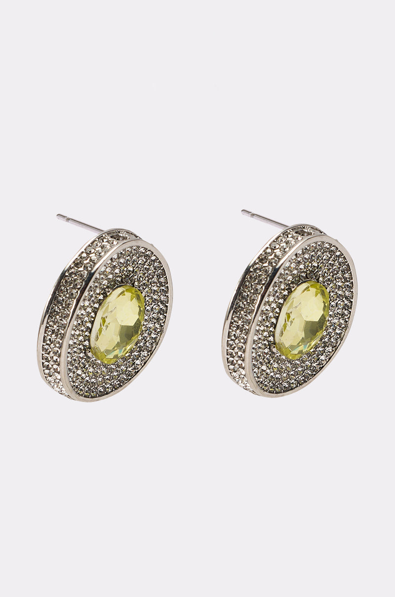 The RAY EARRING features a central oval yellow gemstone, surrounded by sparkling rhinestones set in round, sleek silver-toned metal. 2