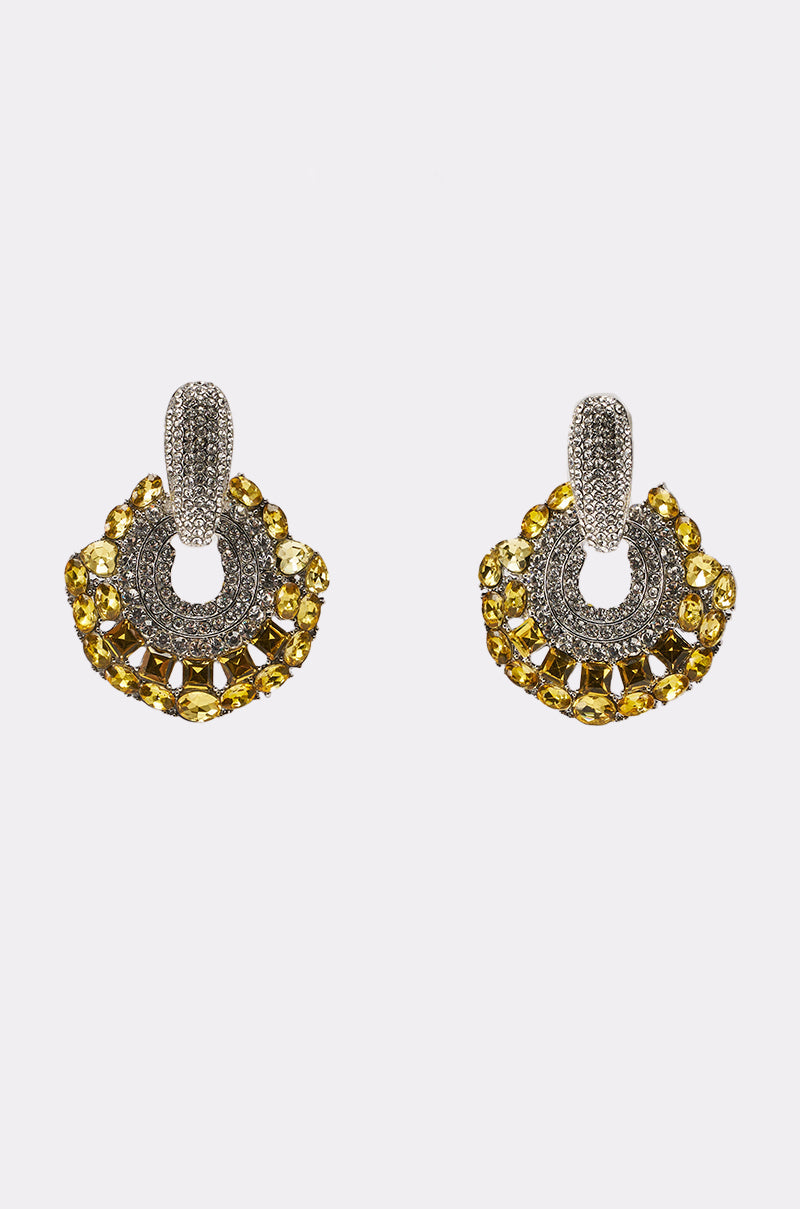 The LUXE TIS THE SEASON EARRING features silver-tone tops with small clear stones and semi-circular yellow gemstone clusters forming a fan-like design. 1