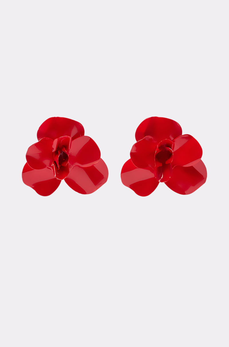 The GALA EARRING features shiny, crimson, layered flower-shaped petals that create a stunning floral statement, displayed on a light gray background. 1