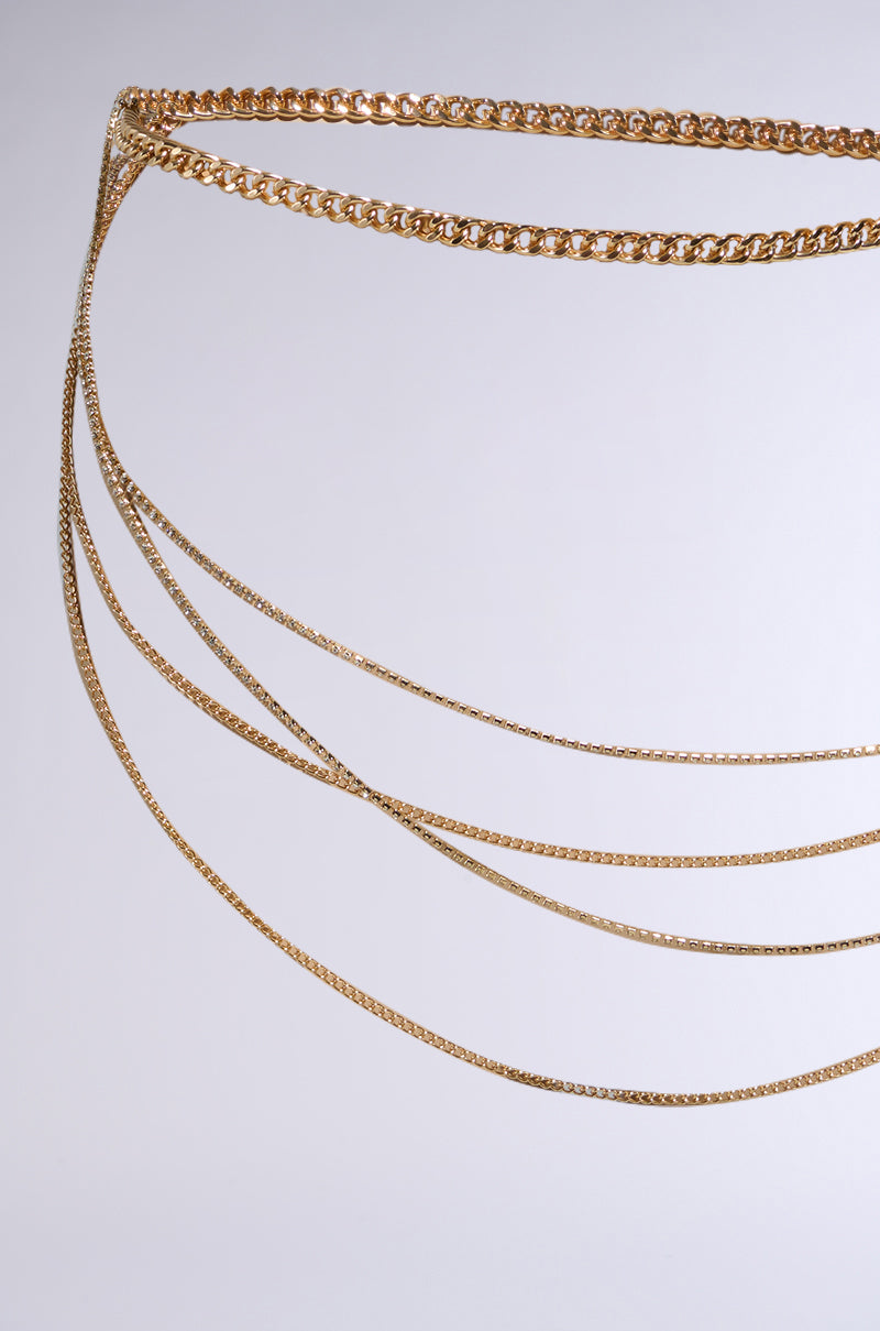 The CHAINZ 4 DAYS BELT IN GOLD elegantly cascades in delicate loops, with shimmering rhinestone links that catch the light against a neutral background. 4