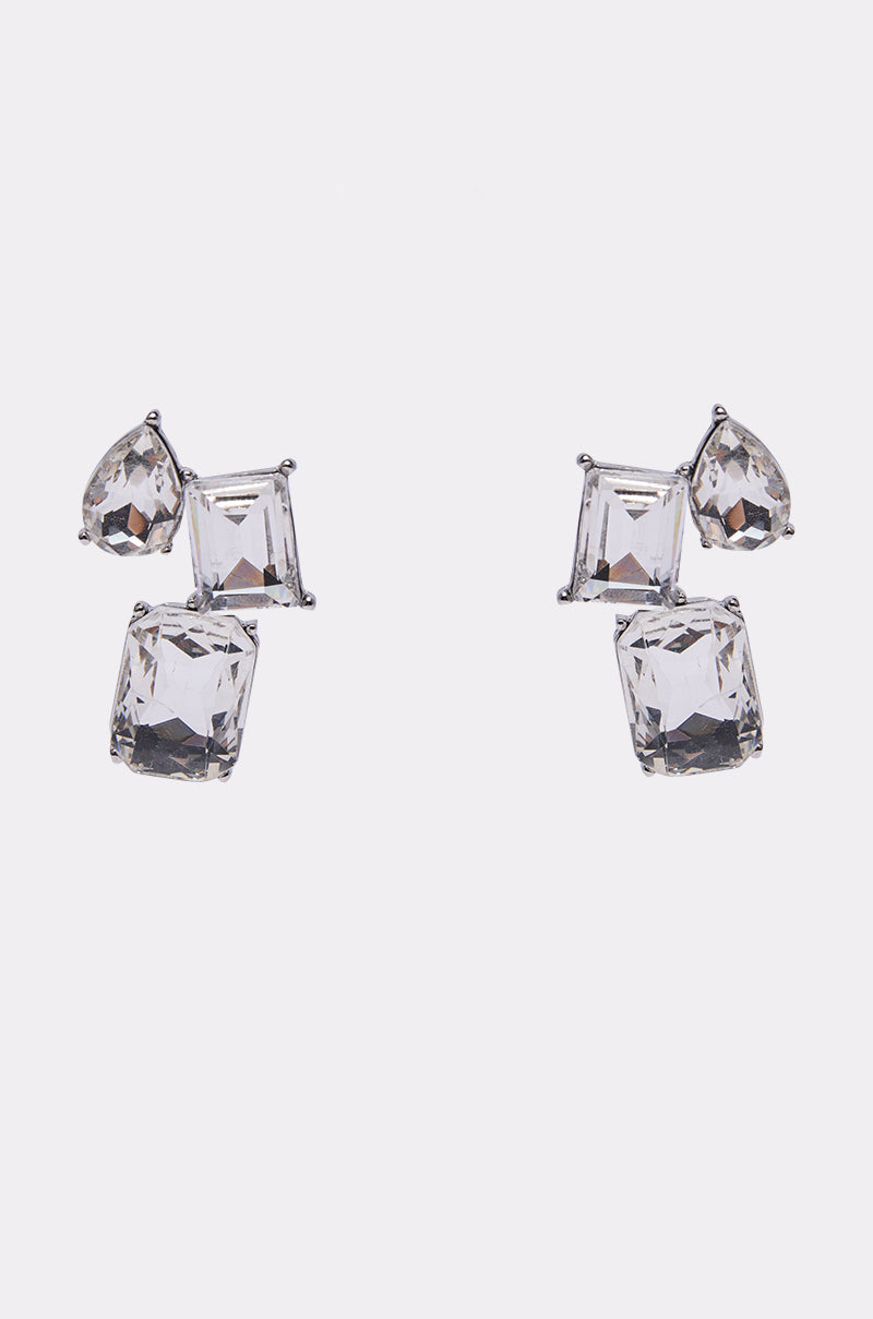 The COUNTDOWN EARRING features gemstone clusters of clear, faceted square and pear-shaped stones in a geometric pattern, set in silver-tone metal. 1