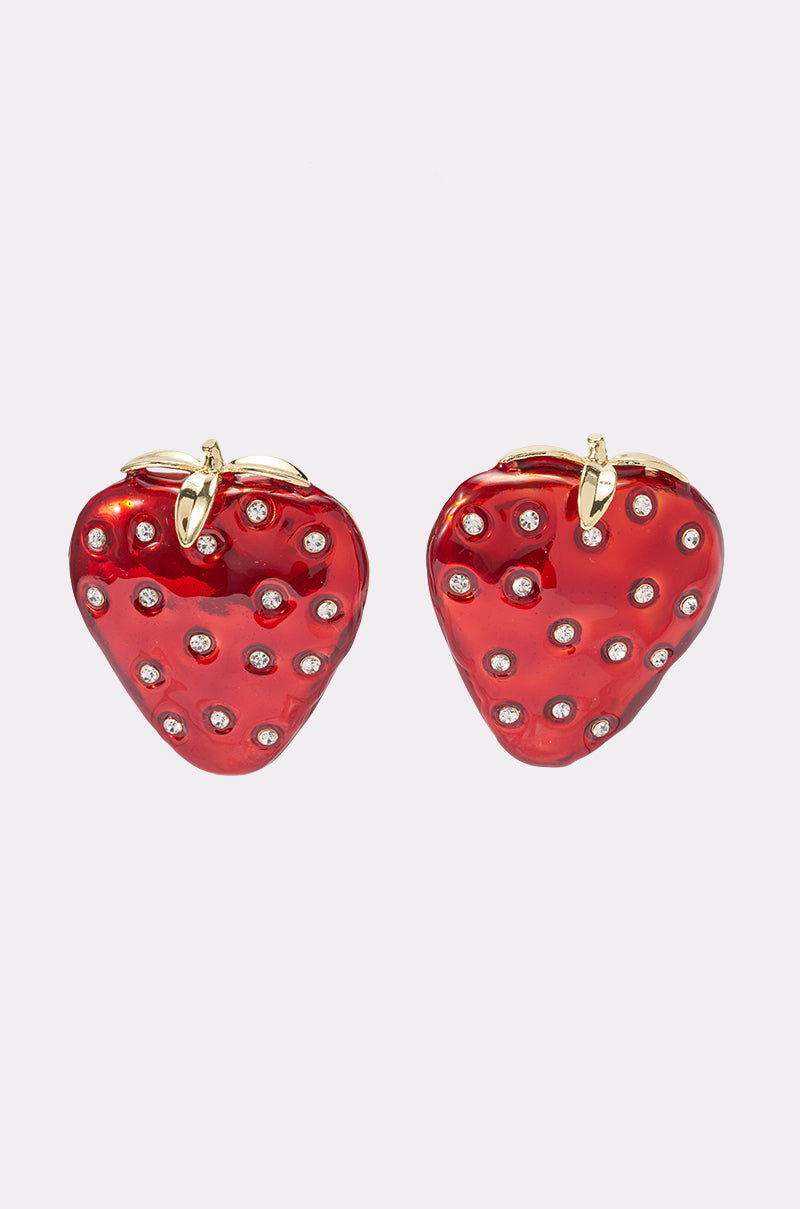 The SO FRESHHH STRAWBERRY EARRING—a vibrant pair of red, strawberry-shaped statement earrings adorned with small sparkling gems and gold-colored stems—adds the perfect pop to your summer jewelry collection, as pictured on a plain white background.