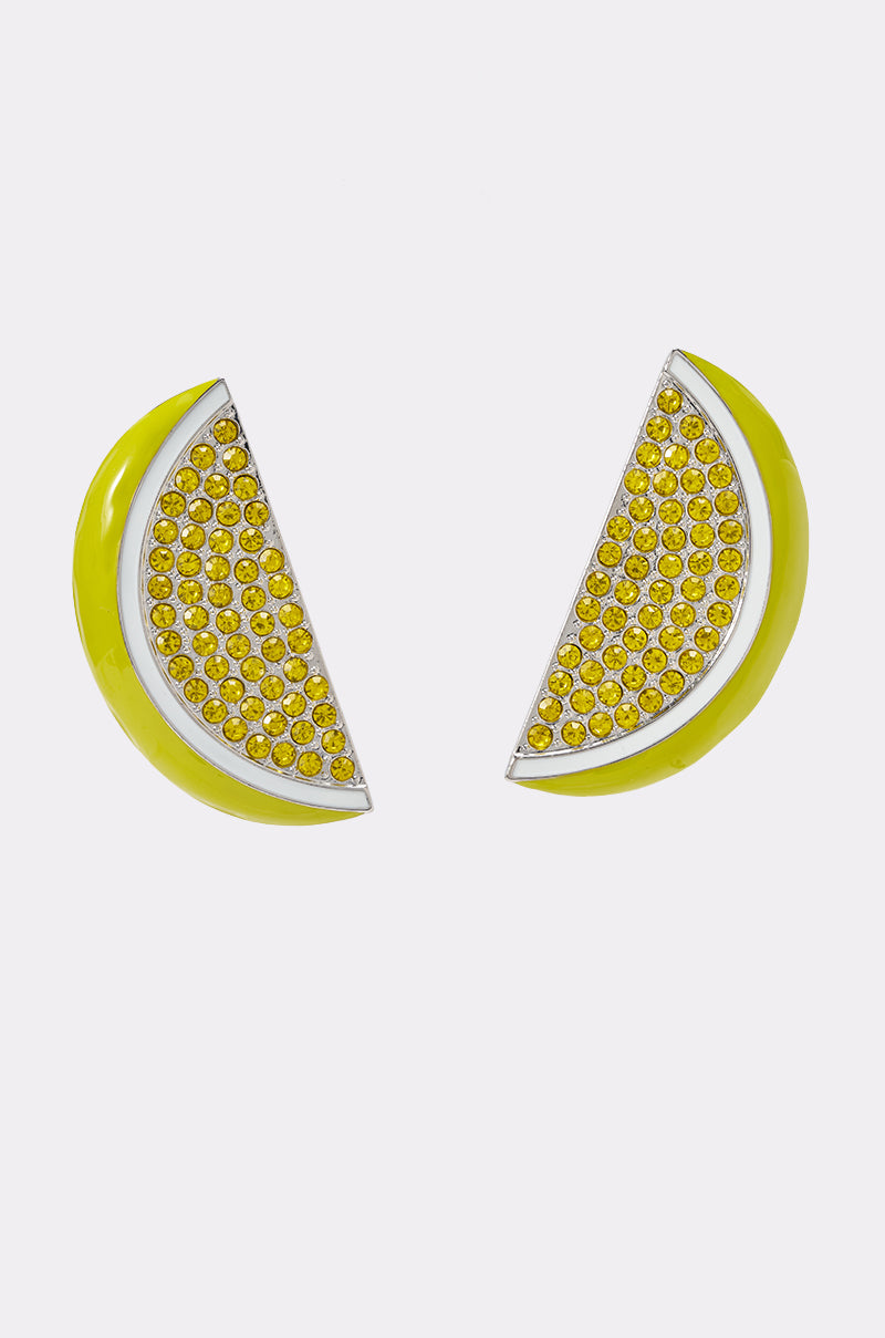 The SO SWEET CITRUS EARRING features two lemon slice-shaped earrings adorned with yellow rhinestones and outlined in vibrant yellow enamel, making them the perfect summer or festival accessory. Shown on a plain white background.