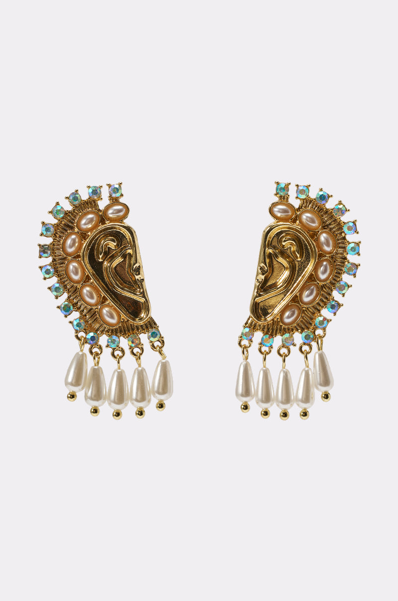 The I HEAR U EARRING is a pair of gold, face-shaped pearl drop earrings adorned with turquoise and pearl-like stones, finished with dangling teardrop pearls—ideal for making a statement at evening events. 0