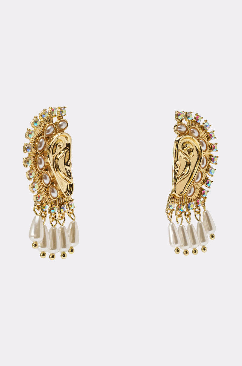 The I HEAR U EARRING is a pair of ornate gold earrings with abstract face designs, featuring pearl and colorful gemstone detailing, plus dangling white pearl drops—ideal statement jewelry for festivals. 2