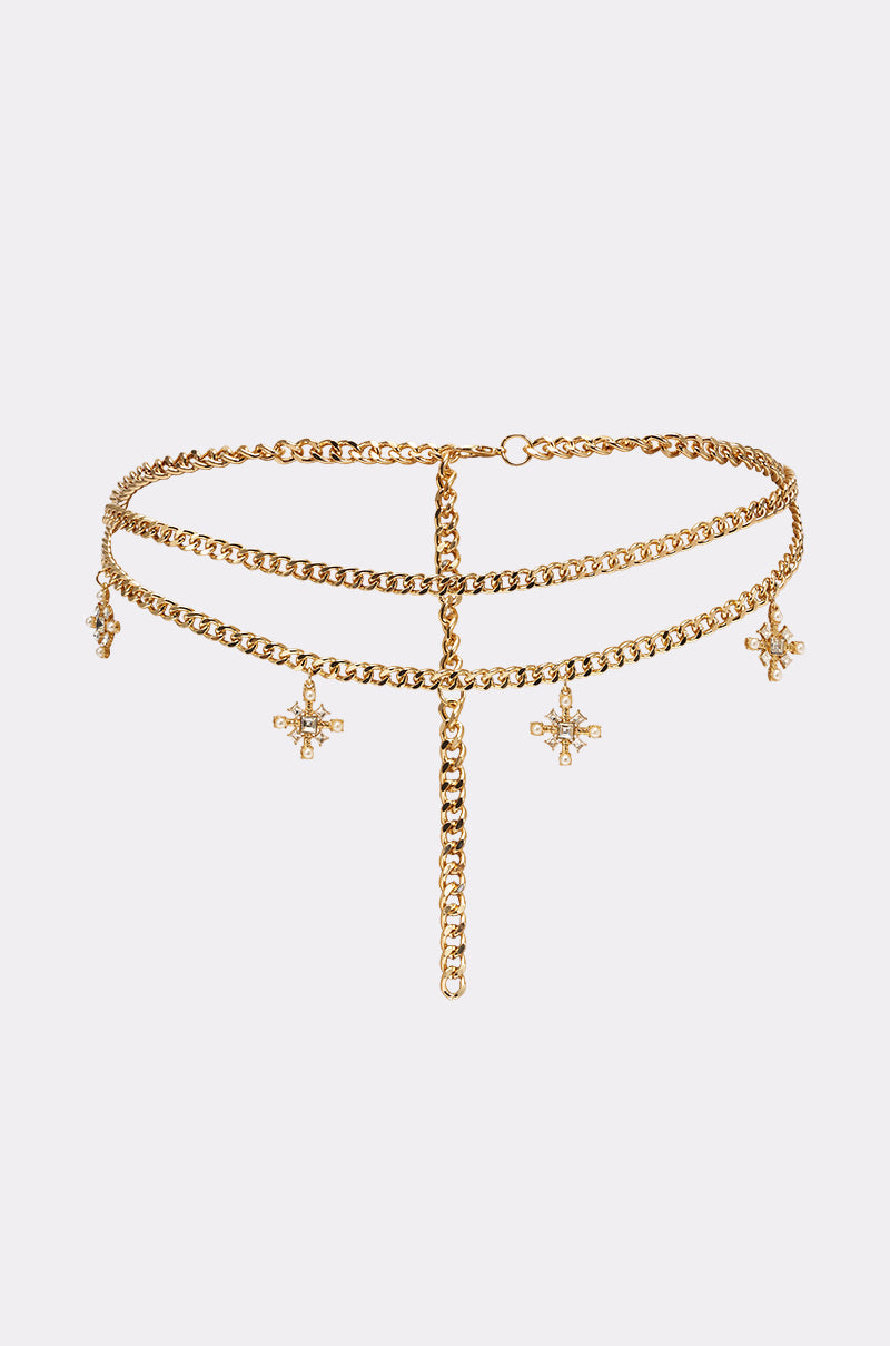 Pair the IN MILAN CHAIN BELT with a double-layered gold choker necklace featuring three cross-shaped pendants and a vertical chain drop for a bold, coordinated look. Displayed against a plain white background.