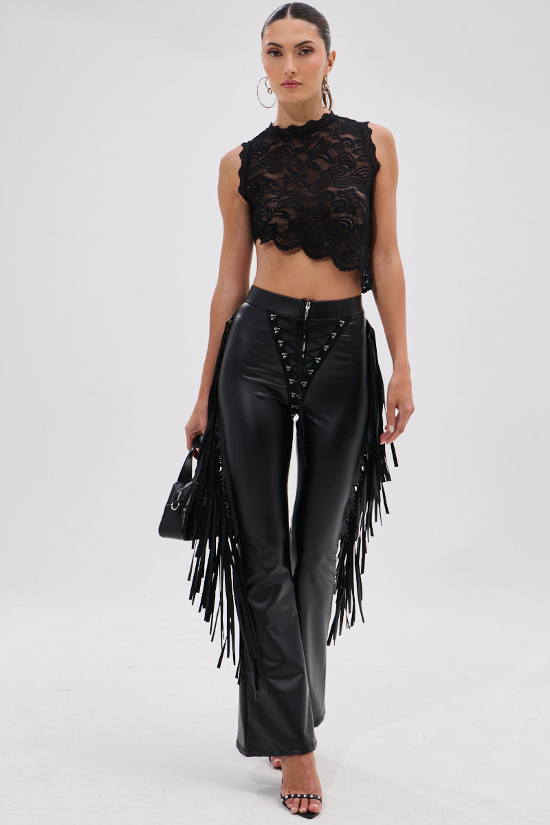 SHOW TIME FAUX LEATHER FLARE PANT WITH LACE UP – AKIRA