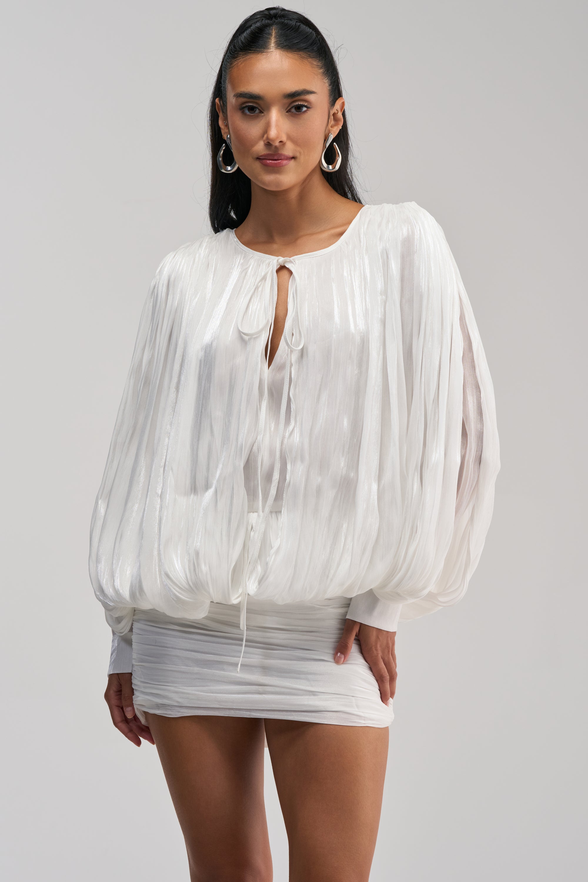 White Chiffon Mini Dress, Balloon Sleeves