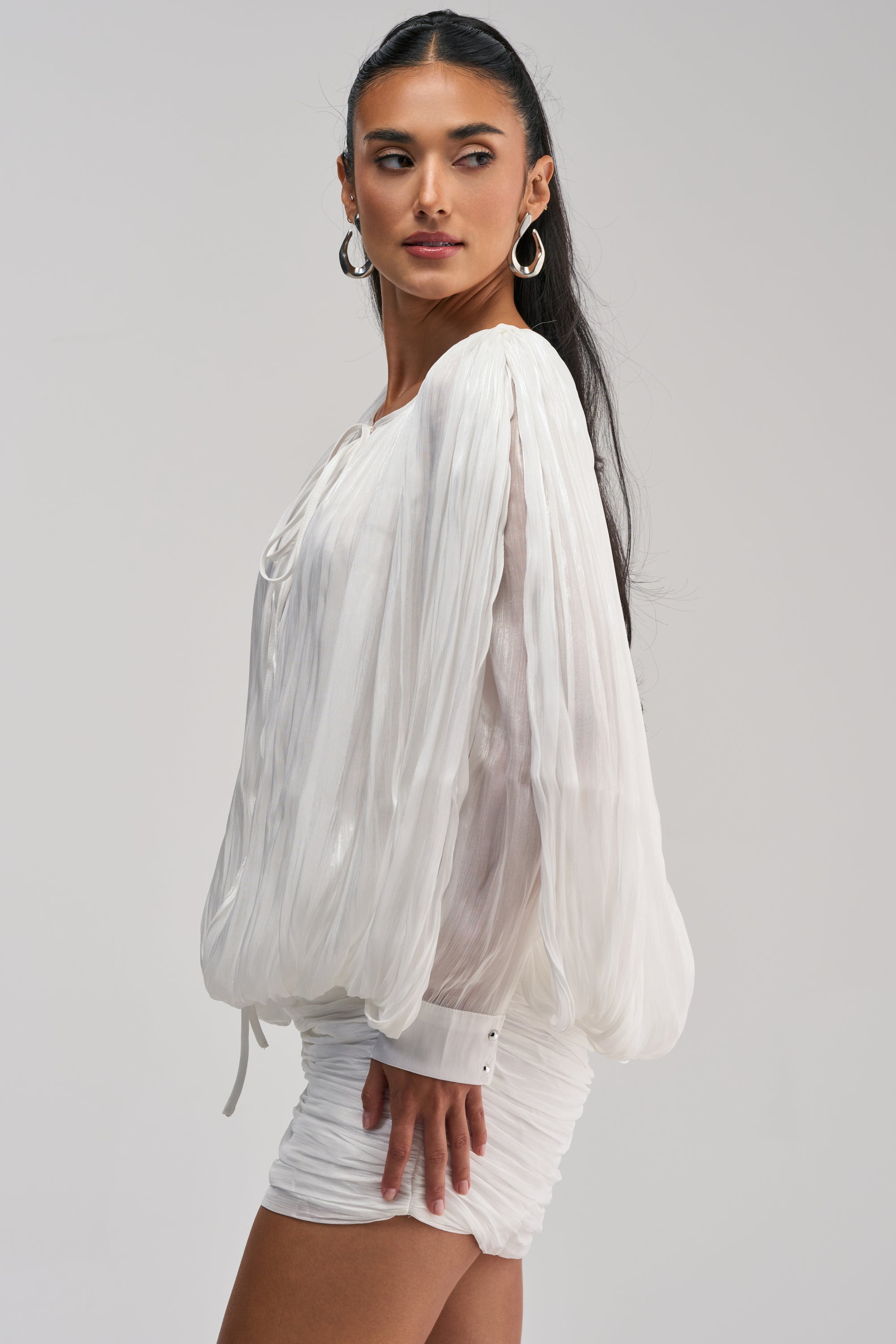 White Chiffon Mini Dress, Balloon Sleeves