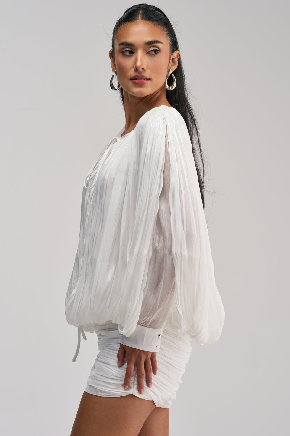 White Chiffon Mini Dress, Balloon Sleeves