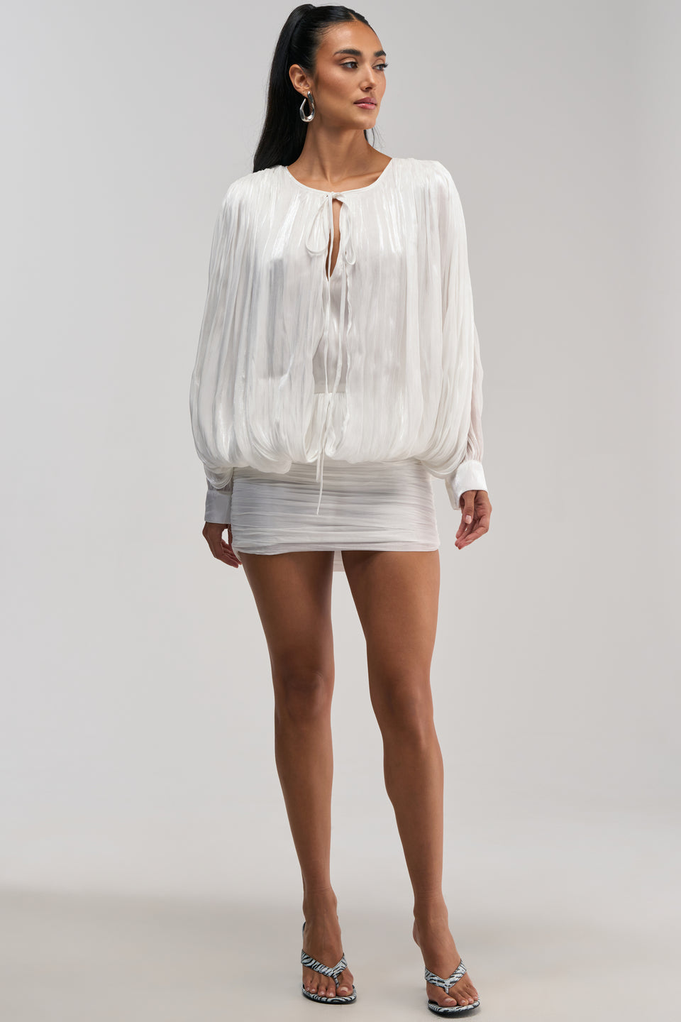 White Chiffon Mini Dress, Balloon Sleeves