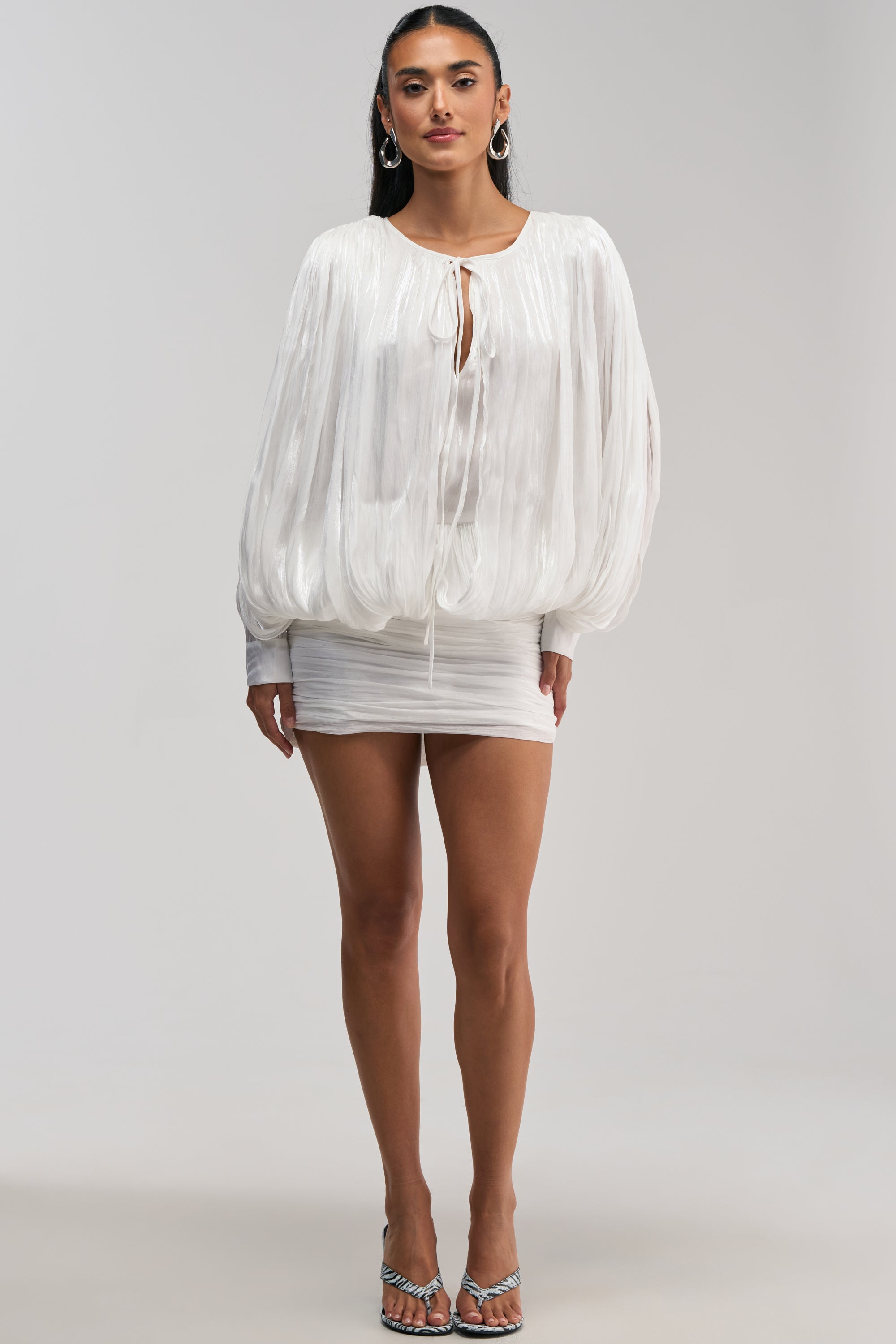 White Chiffon Mini Dress, Balloon Sleeves