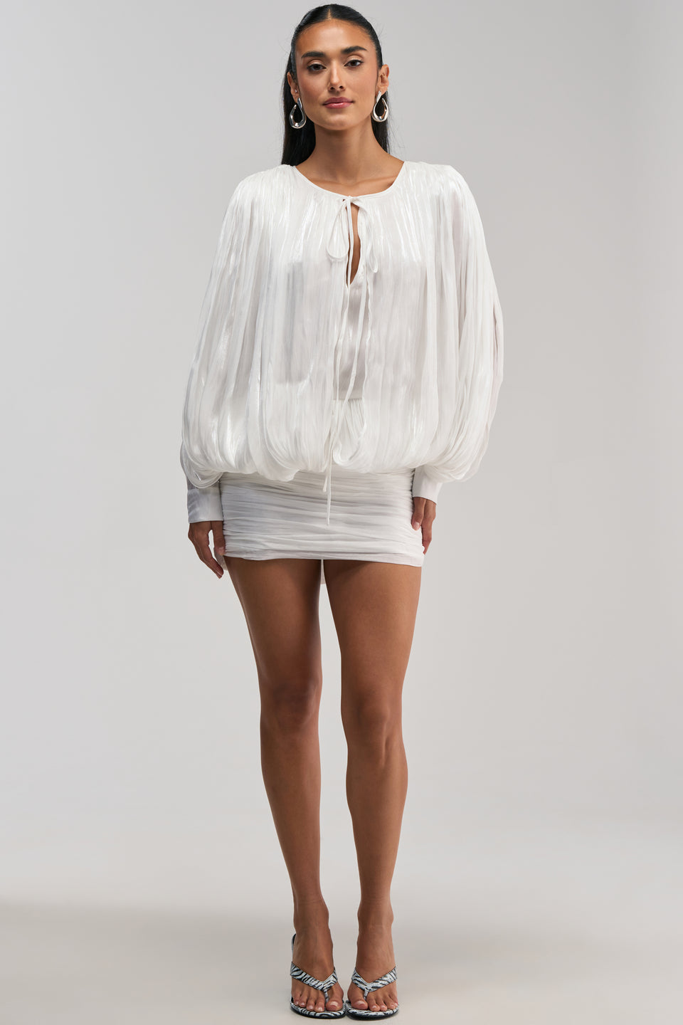 White Chiffon Mini Dress, Balloon Sleeves