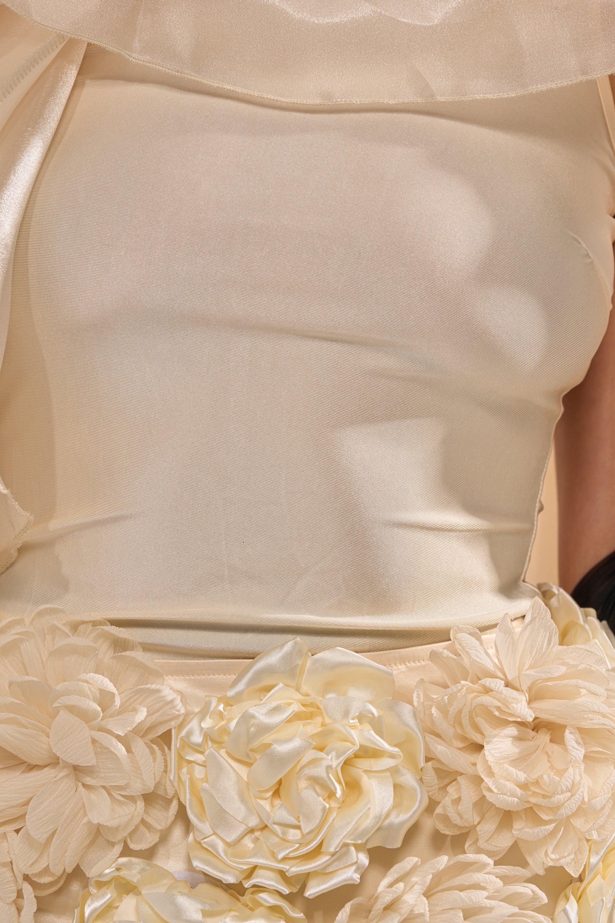 A close-up of a person wearing the STAR OF THE NIGHT TOP, featuring cream-colored fabric with large, textured floral appliques at the waist and a smooth bodice—an ideal choice for statement eveningwear. 6
