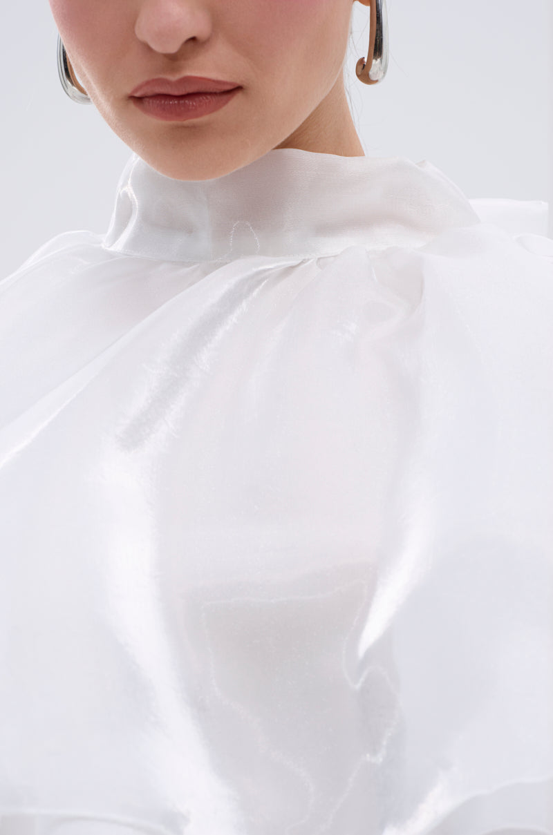 Close-up of a woman wearing the JUMP AROUND BLOUSE, a sheer satin top with a shiny finish and high neck, styled with large silver hoop earrings. The image highlights the blouse’s texture along with her lips and chin. 8
