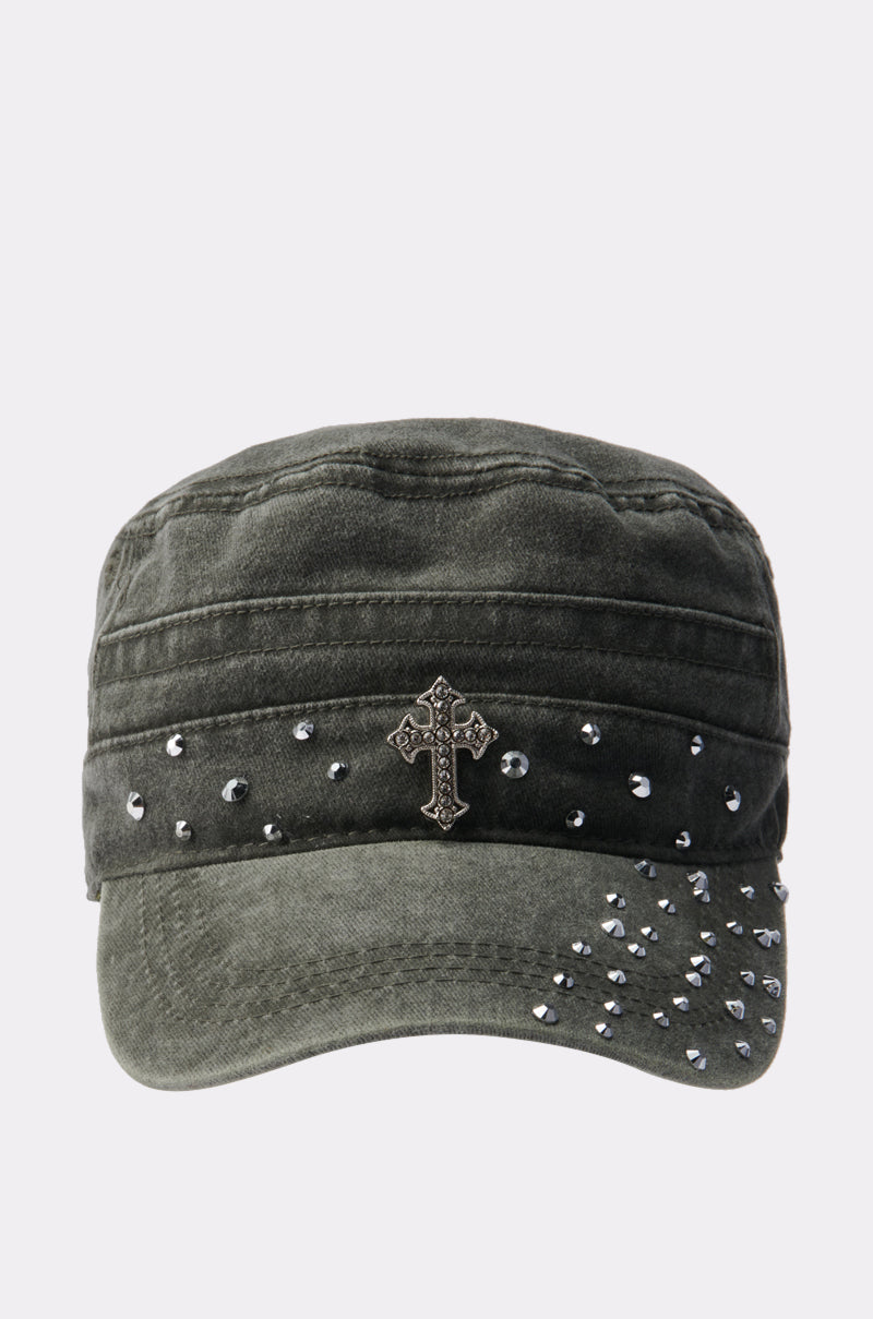The GET WITH IT HAT is a dark green denim military-style cap with a central silver cross emblem and rows of small rhinestones on the front and brim. 2