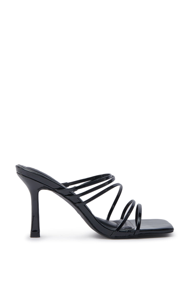 The AZALEA WANG HUGHIE BLACK SANDAL is a faux patent leather stiletto with a square toe and four glossy straps, shown in side view against a white background.