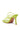 Rear view of the AZALEA WANG HUGHIE LIME SANDAL, a lime green high-heeled design featuring thin, delicate straps. The shoe boasts a square toe and a flared stiletto heel, with a smooth, glossy finish and a tan sole.