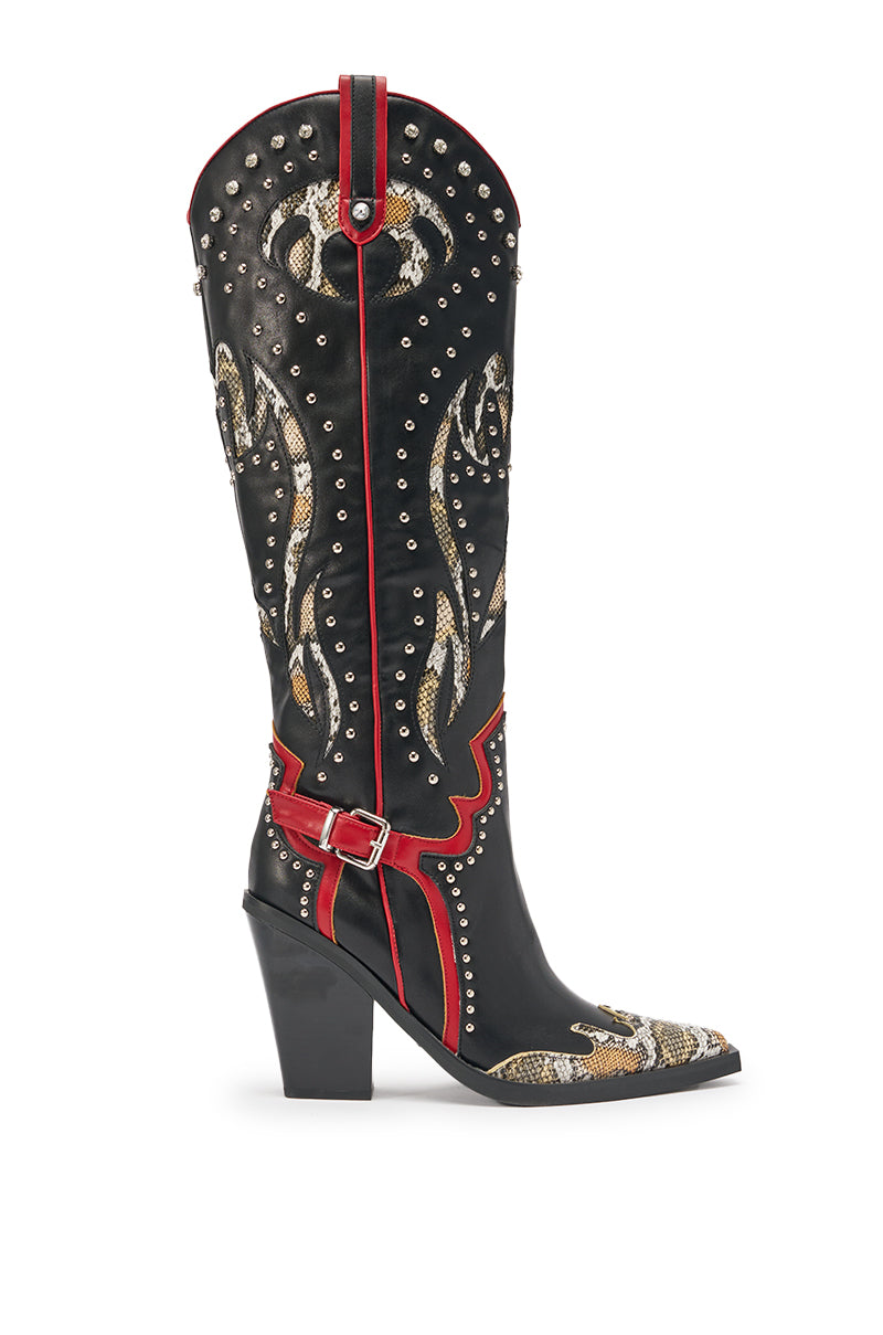 The AZALEA WANG HYPERION Black Multi Color Western Stud Boot is a knee-high black boot with red and gold accents and a stylish block heel. 5