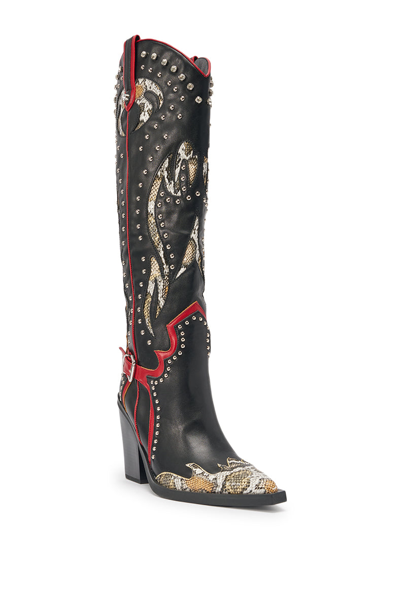 The AZALEA WANG HYPERION BLACK MULTI COLOR WESTERN STUD BOOT is a black knee-high boot with a pointed toe, chunky block heel, silver studs, red trim, and gold and silver embroidered patterns on the shaft and toe. 6