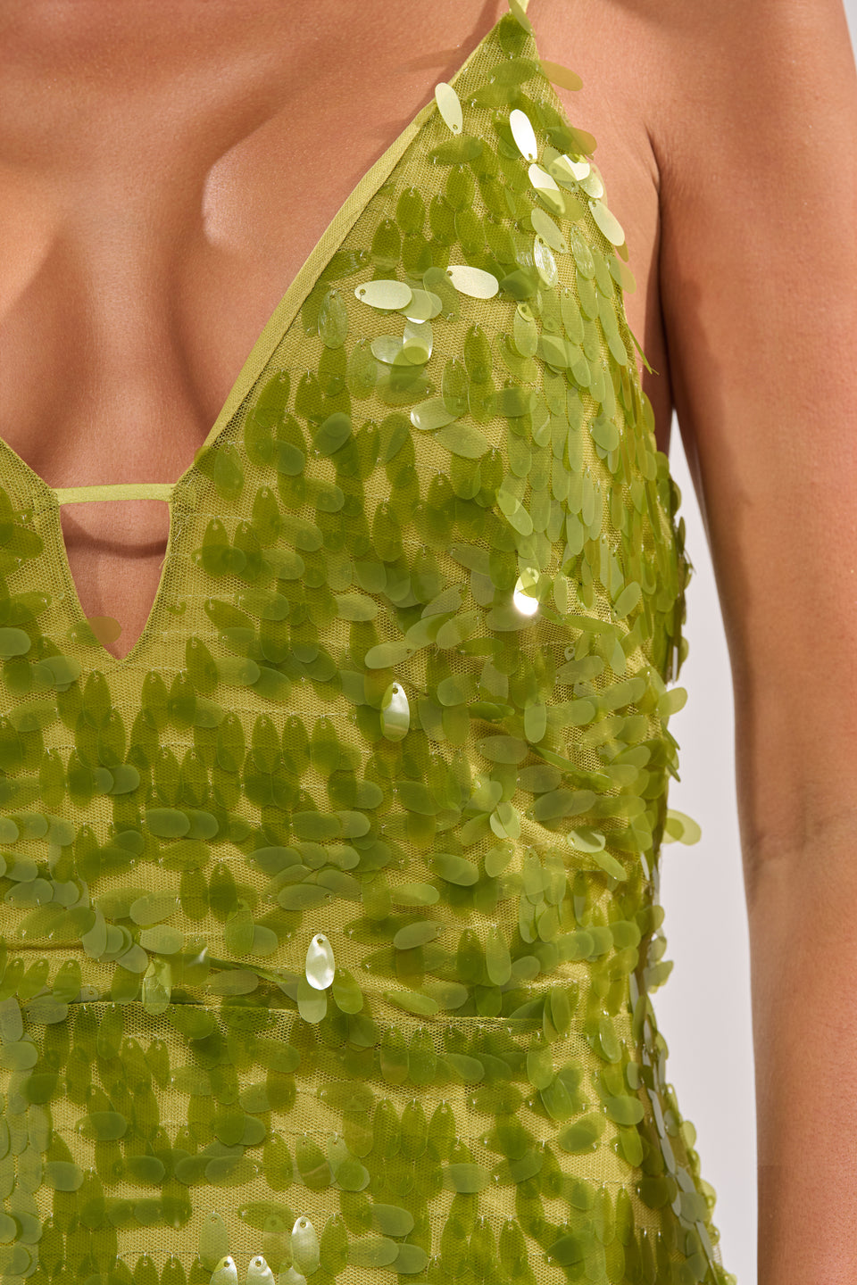 sequin lime green dress Sequin Ruched Overlay Dress in Lime Green