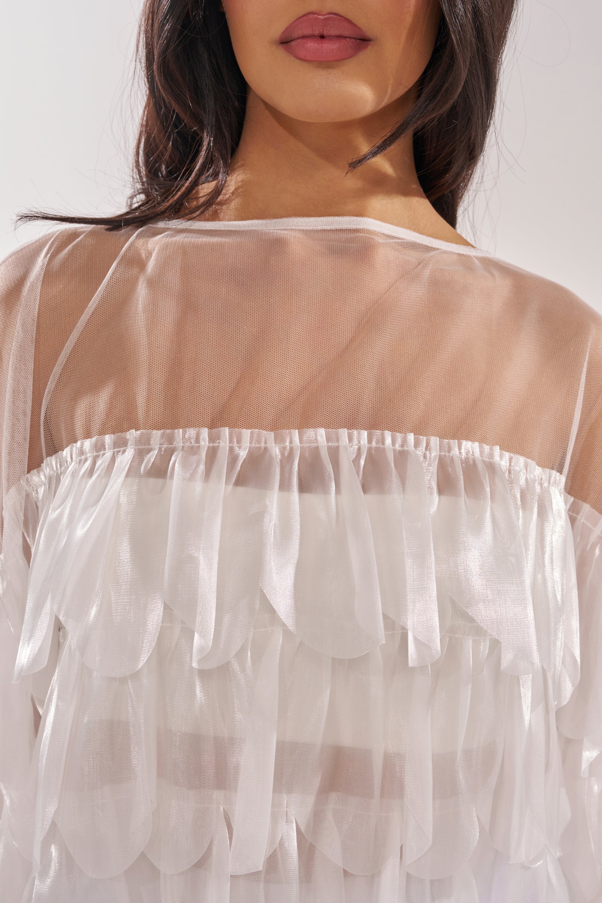 A woman models the RUFFLE CITY BLOUSE, featuring sheer white ruffled layers and scalloped fabric. The transparent neckline and mesh panels reveal just her lower face, neck, and upper torso for an elegant look. 7