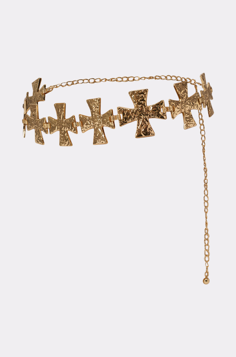The ON YA SOCIALS CHAIN BELT features textured, ornate Maltese cross links and an adjustable dangling chain clasp—this hammered gold belt is a stunning statement accessory against any plain light background. 3