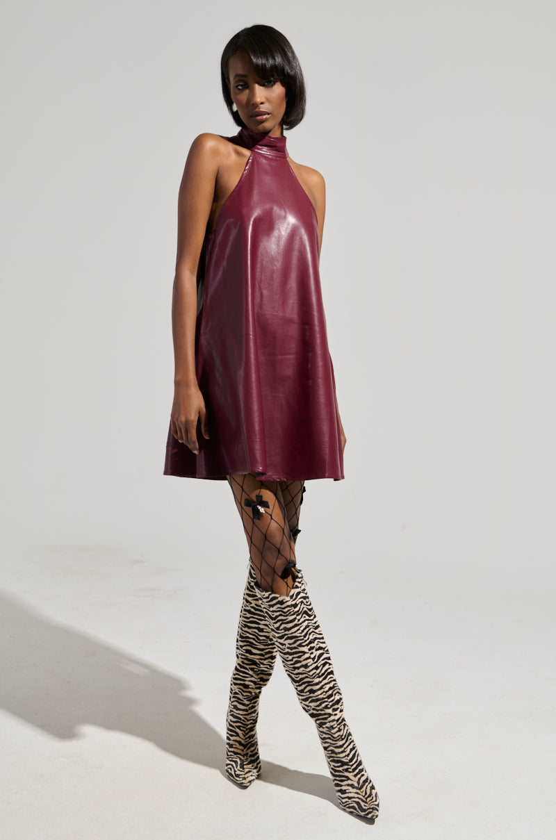 TAKE IT EASY PU MINI DRESS IN BURGUNDY AKIRA TAKE IT EASY PU MINI DRESS IN BURGUNDY AKIRA