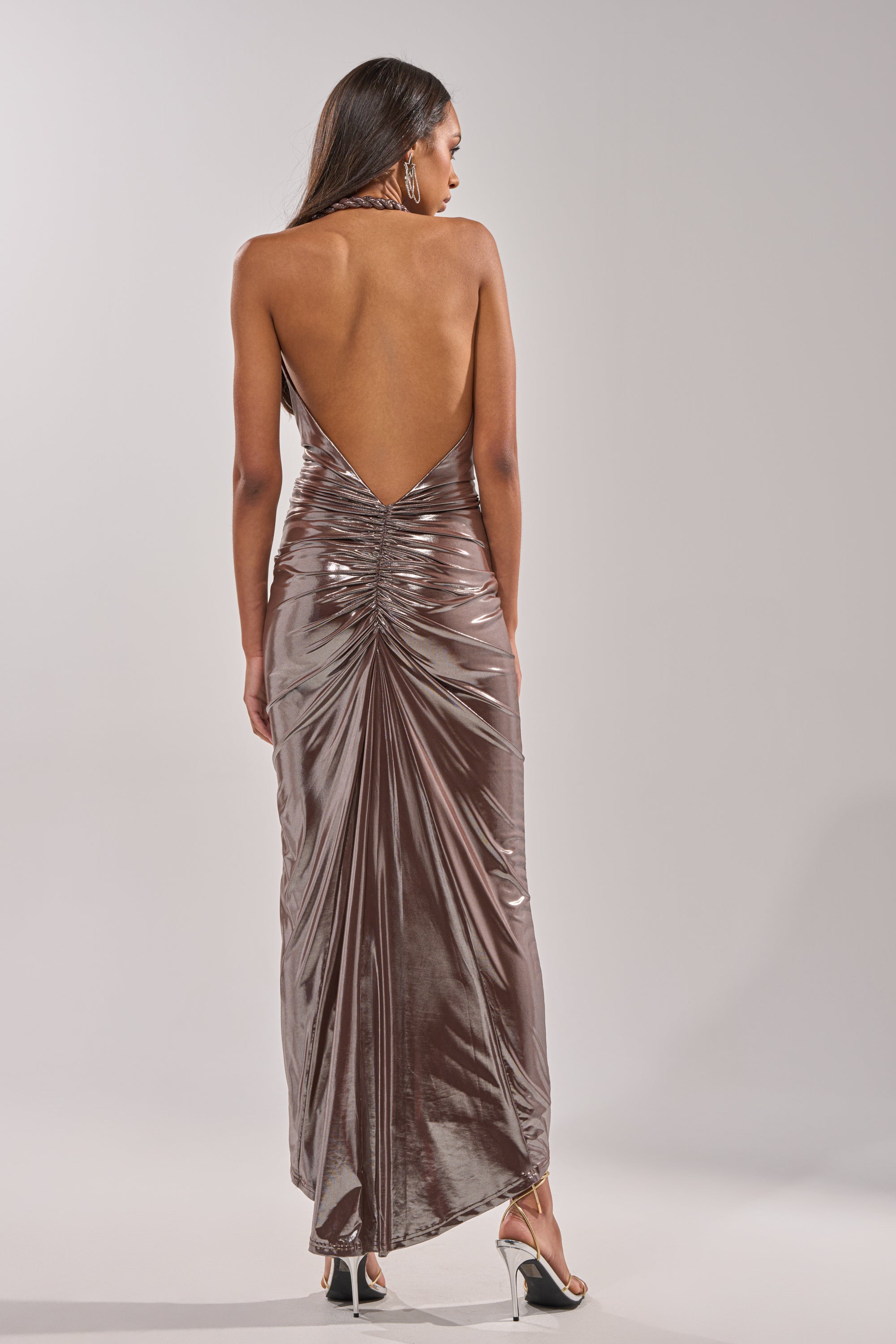 knee length dresses for ladies Metallic Long Halter A-Line Dress by Juliet JT2503A Berry / 10 main image 1