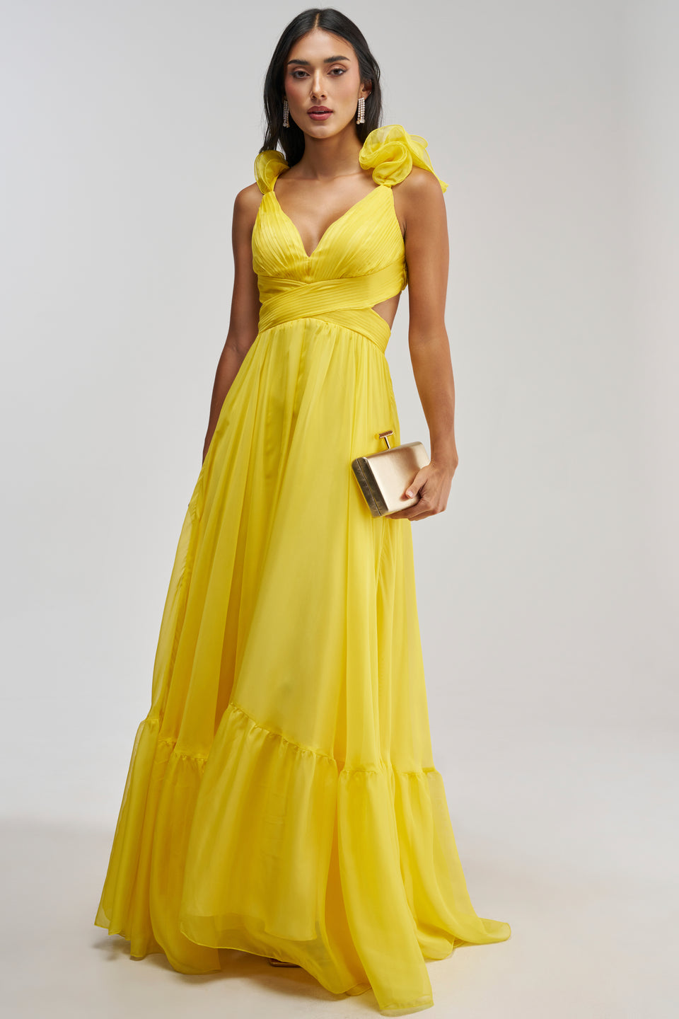 Yellow Chiffon Maxi Dress, Ruffle Gown