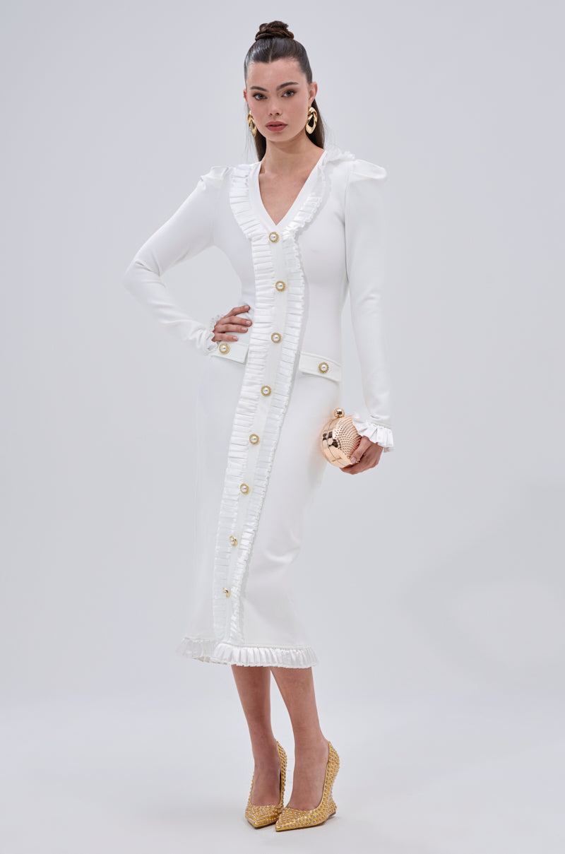 SAKURA BANDAGE RUFFLE MIDI DRESS IN WHITE – AKIRA