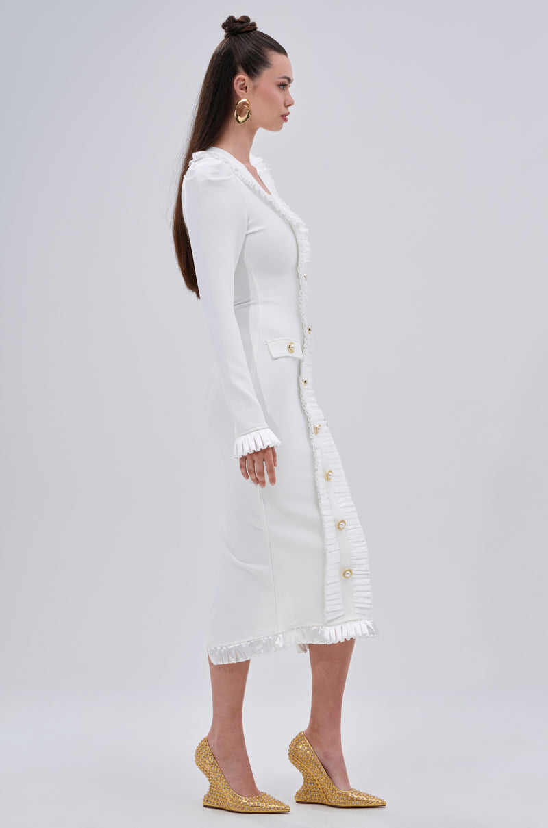midi dress sakura white SAKURA BANDAGE RUFFLE MIDI DRESS IN WHITE – AKIRA