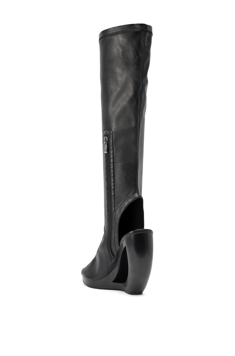 The AZEALA WANG ILYSSA Black Novelty Wedge Knee High Bootie features a unique sculpted heel and side zipper, shown against a white background. 6