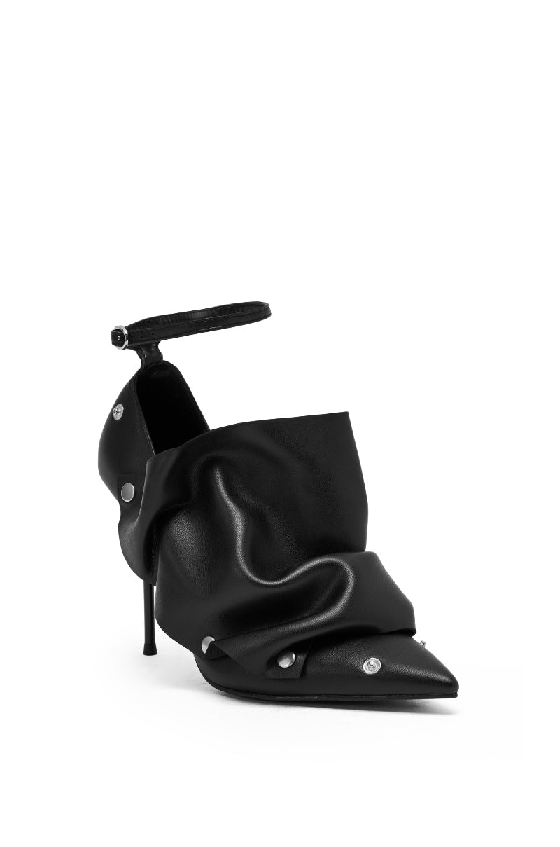 The AZALEA WANG IMOGALE BLACK SILVER HARDWARE STILETTO PUMP features a sleek silhouette, pointed toe, and high heel for timeless elegance.