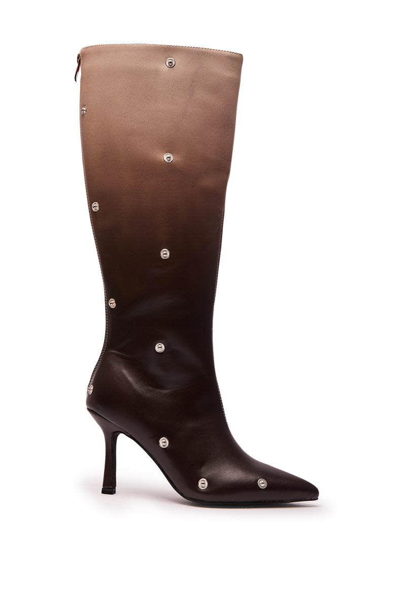 The AZALEA WANG IMOGINE Brown Multi Folded Detail Stiletto Boot features a knee-high design, pointed toe, sleek faux leather in a brown-to-black ombre, and small round metallic studs evenly spaced across the surface. 4
