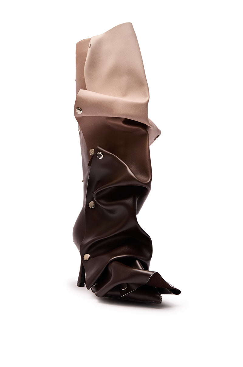 The AZALEA WANG IMOGINE BROWN MULTI FOLDED DETAIL STILETTO BOOT is a single knee-high stiletto in ruched faux leather with a beige-to-dark brown gradient and metallic snap buttons along the side. 5