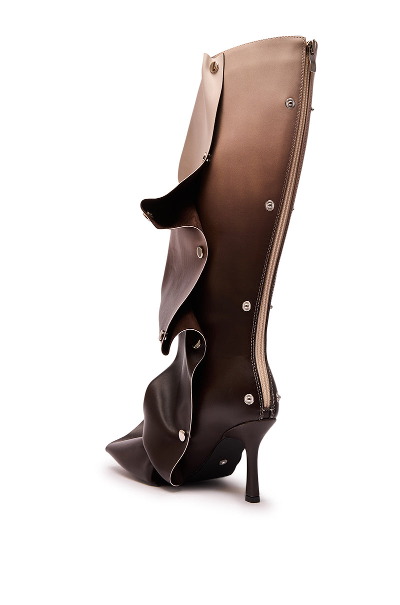 The AZALEA WANG IMOGINE Brown Multi Folded Detail Stiletto Boot features a high heel, pointed toe, layered faux leather panels, metal stud accents, and a back zipper for an avant-garde look in rich brown tones. 7