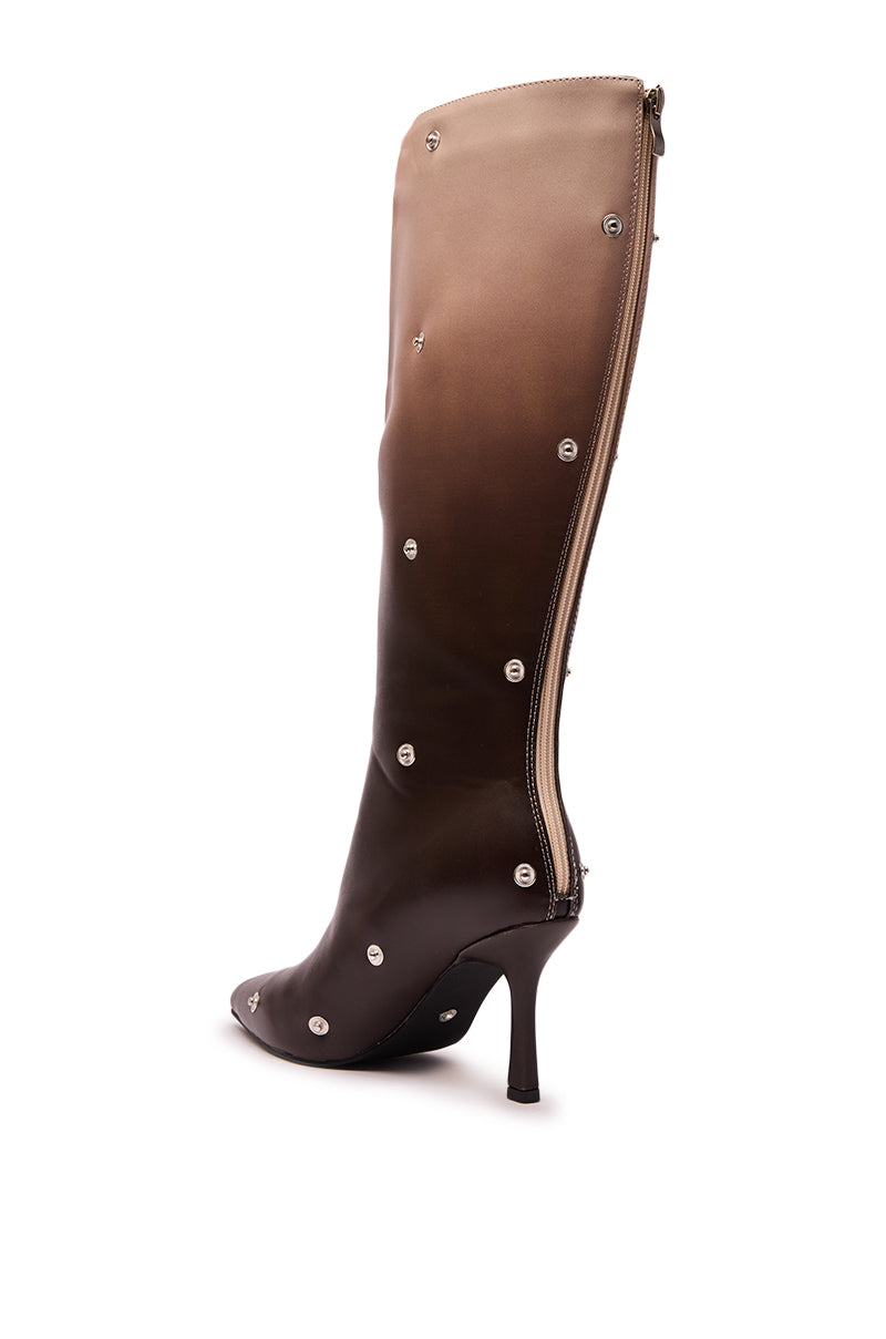 The AZALEA WANG IMOGINE Brown Multi Folded Detail Stiletto Boot is a knee-high, pointed-toe faux leather style, featuring a brown-to-black gradient, silver round studs, and a sleek back zipper. 8