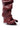Close-up of the AZALEA WANG IMOGINE BURGUNDY STILETTO SNAP BOOT, featuring shiny faux leather, a unique scrunched and folded design, silver snap buttons, an open toe, and knee-high length against a white background.