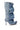 The AZALEA WANG IMOGINE DENIM SNAP BOOT is an open-toe stiletto denim boot with ruffled layered detailing and metal snap buttons along the edges.