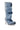 The AZALEA WANG IMOGINE DENIM SNAP BOOT features blue denim, a slouchy oversized silhouette, large silver snaps and buttons, an open toe, and a dramatic flared stiletto heel.