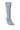 The AZALEA WANG IMOGINE DENIM SNAP BOOT is a knee-high, light blue denim boot with a pointed toe, stiletto heel, and bold decorative silver eyelets scattered across the surface.
