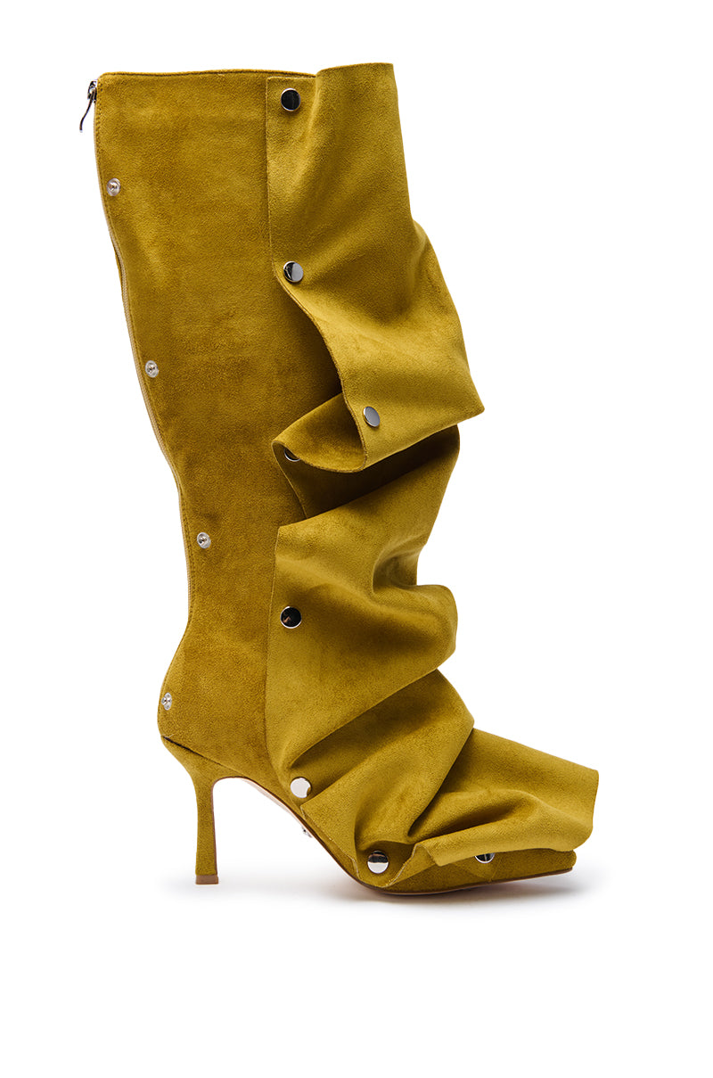 The AZALEA WANG IMOGINE OLIVE FOLDED DETAIL STILETTO BOOT features a slouchy, ruched faux suede design with silver side snap buttons and pointed toe, bringing bold flair to your mid-calf style—perfect for olive green accents.