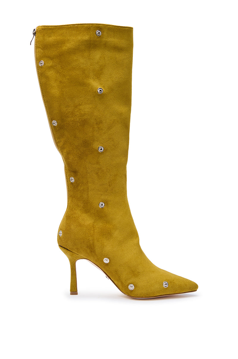 The AZALEA WANG IMOGINE OLIVE FOLDED DETAIL STILETTO BOOT is a single knee-high, olive faux suede stiletto with a pointed toe and silver grommet accents throughout.
