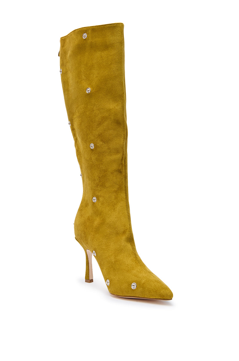 The AZALEA WANG IMOGINE OLIVE FOLDED DETAIL STILETTO BOOT features an olive color, pointed toe, knee-high faux suede design, slim mid-height stiletto heel, and small round silver studs evenly spaced across the surface.
