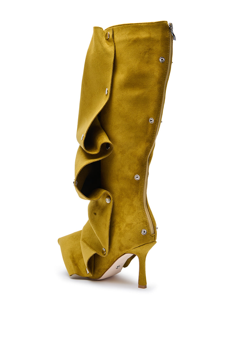 The AZALEA WANG IMOGINE OLIVE FOLDED DETAIL STILETTO BOOT is a suede pointed toe boot in olive, adorned with sculpted folded detailing and metal snaps, finished with an exposed back zipper.