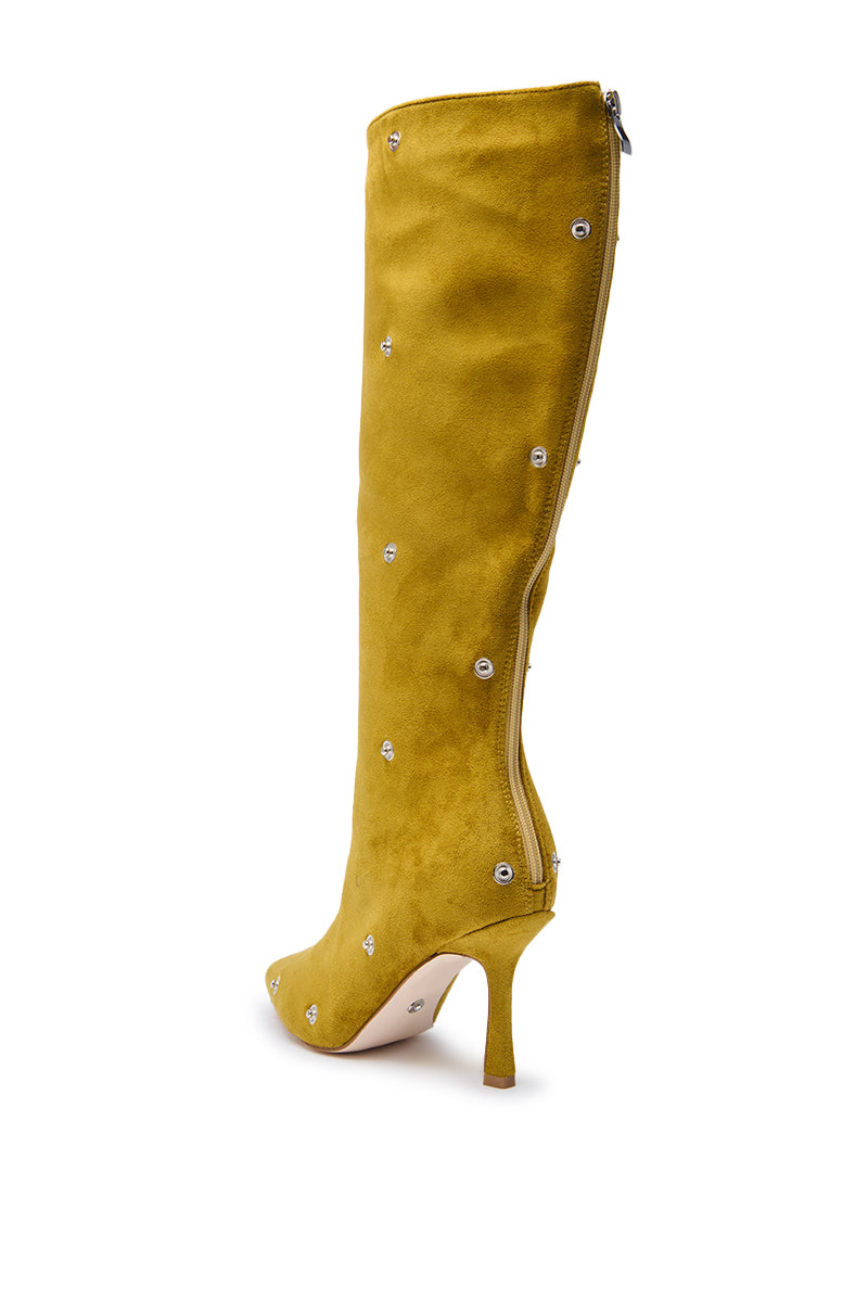 The AZALEA WANG IMOGINE OLIVE FOLDED DETAIL STILETTO BOOT features yellow faux suede, small silver studs, a sleek side zipper, and a sharp pointed toe for standout style.