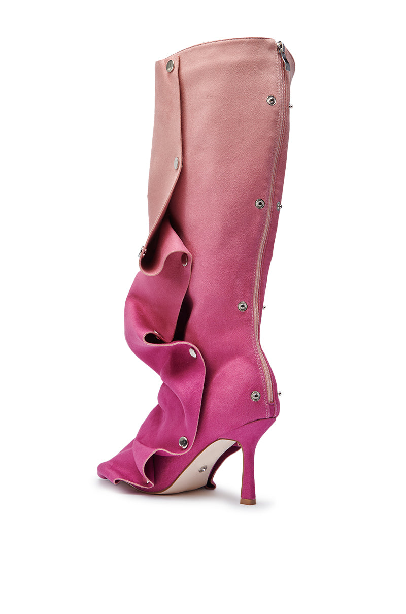 The AZALEA WANG IMOGINE Pink Multi Faux Suede Boot features a pink gradient mid-calf design with silver stud details and decorative ruffled layers, shown against a white background.
